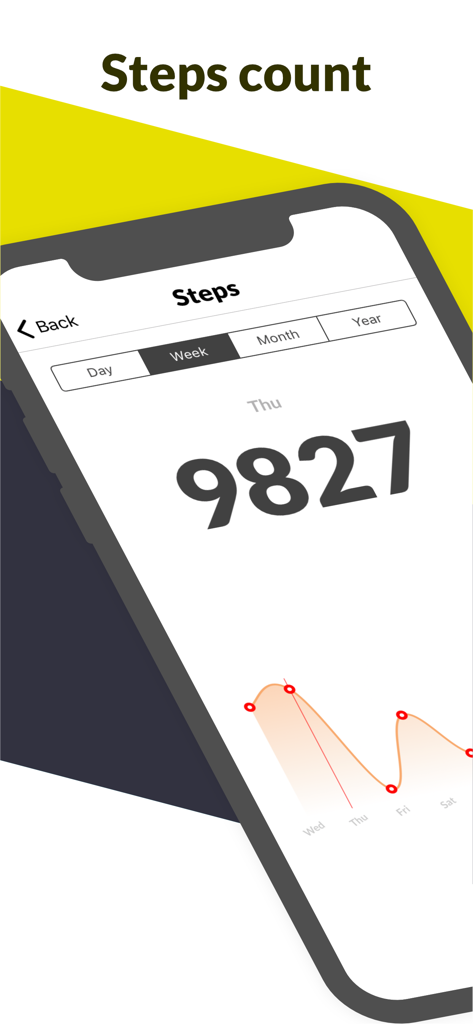 Distance Tracker All Sports - Interface de monitorização de passos do Distance Tracker All Sports mostrando um total diário de 9827 passos e um gráfico de progresso semanal.