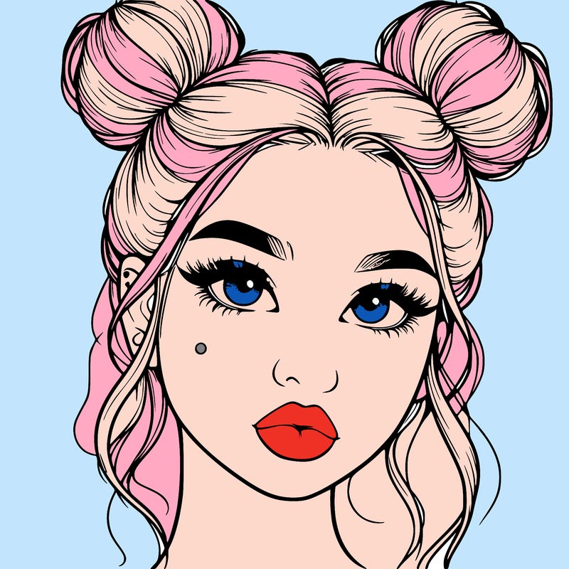 realistic girl with two buns on her hair and lips