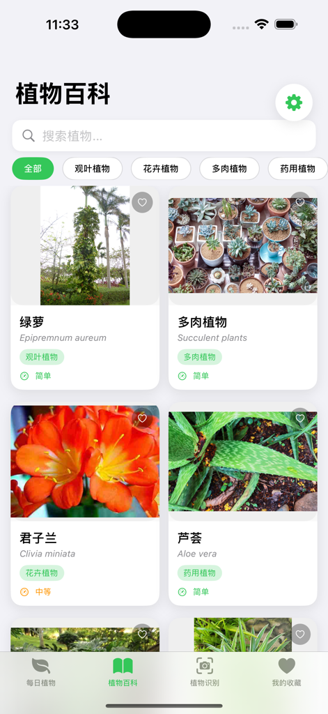 Daily Plants app plant encyclopedia screen featuring various plant species cards and categories in Chinese.