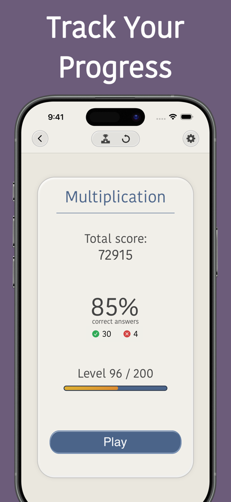 Mental Math Trainer Games - Multiplication progress screen in Mental Math Trainer app showing a score of 72915 and 85 percent accuracy.
