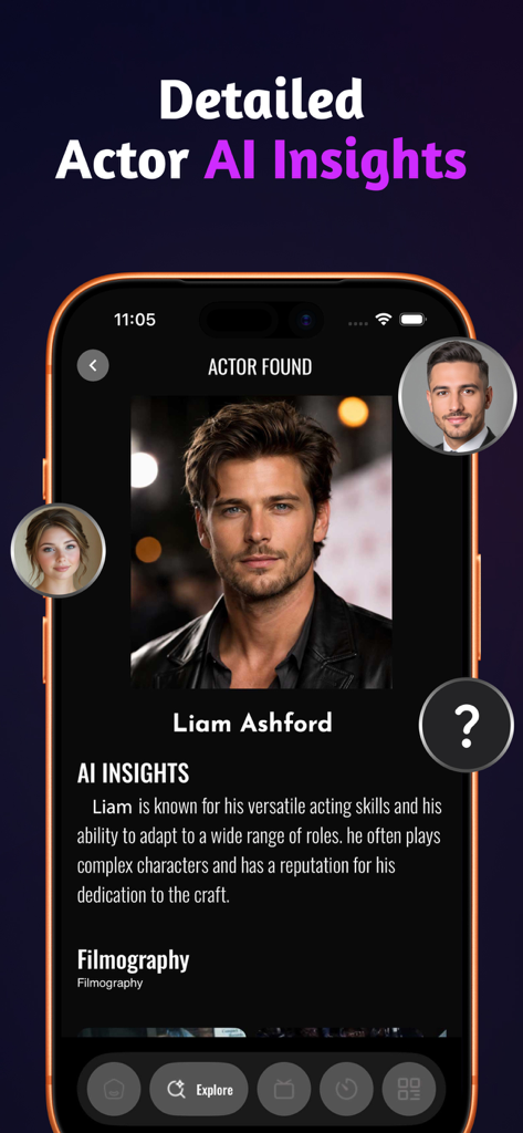 Interfaz de la aplicación Seekee TV que muestra información generada por IA sobre actores y filmografía en un dispositivo móvil