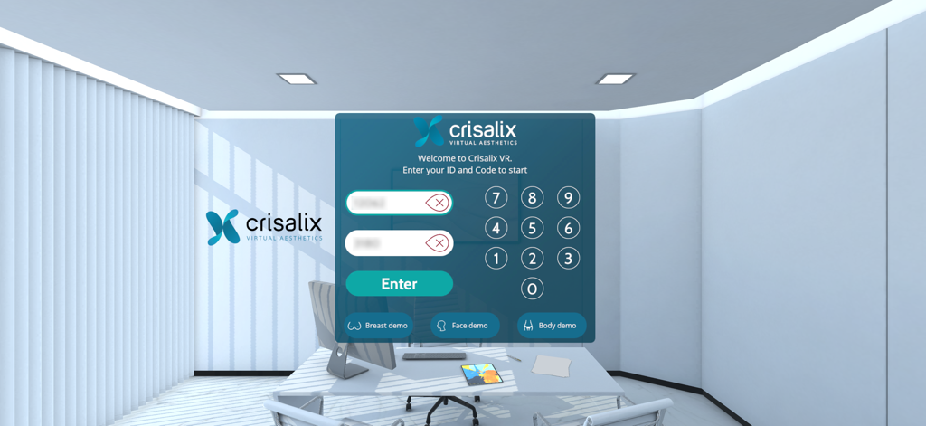 Crisalix VR - Login screen of Crisalix VR app showing ID and code entry within a virtual 3D medical consultation office environment