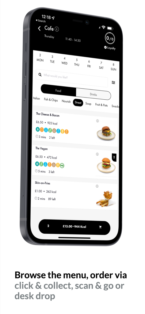Canteen - Smartphone screen showing the Canteen app menu with food options and calorie information