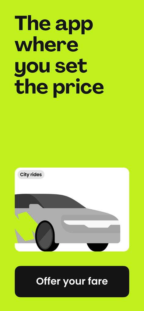 inDrive 앱 인터페이스는 요금을 설정하세요라는 슬로건과 함께 자동차 삽화 및 요금 제시 버튼을 보여줍니다.