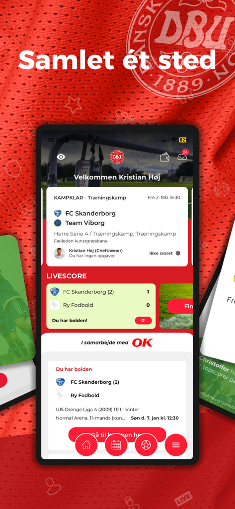 DBU Fodbold app home screen showing match schedules and live scores