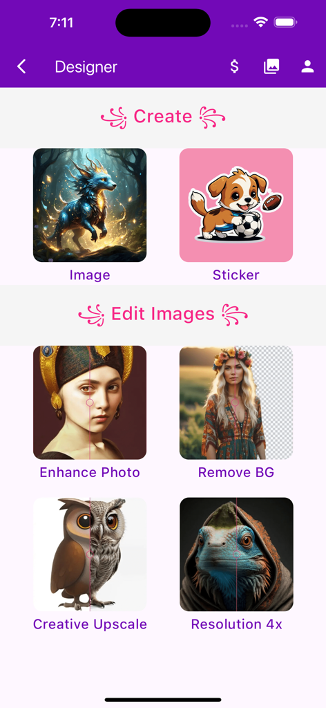 Imagine AI 앱 인터페이스는 이미지 생성 스티커 생성 및 사진 편집 도구를 보여줍니다