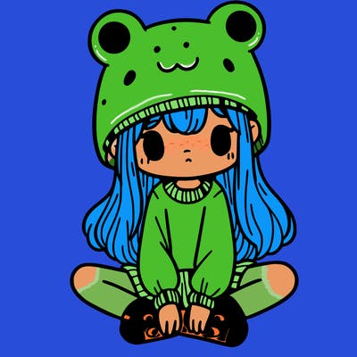 a girl wearing a frog hat and some frog socks