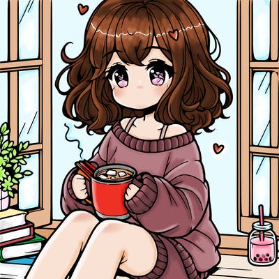 cute anime girl reading book and drinking hot chocolate from mug with loose wavy hair wearing a baggy sweatshirt and shorts sitting by windowsill looking out