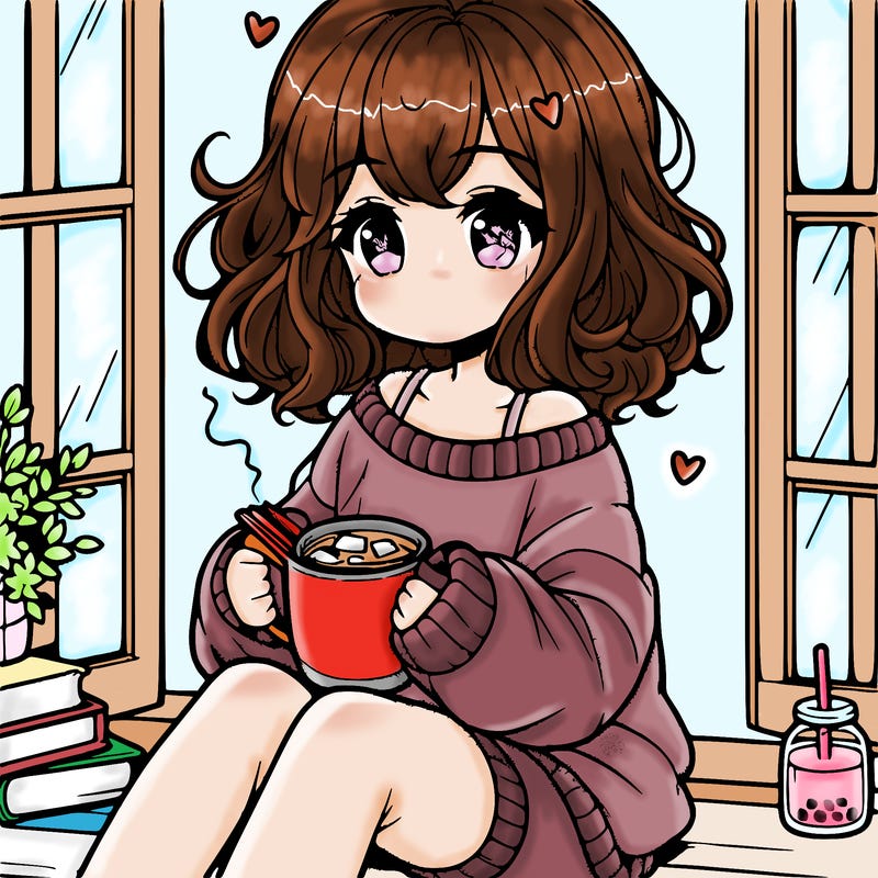 cute anime girl reading book and drinking hot chocolate from mug with loose wavy hair wearing a baggy sweatshirt and shorts sitting by windowsill looking out