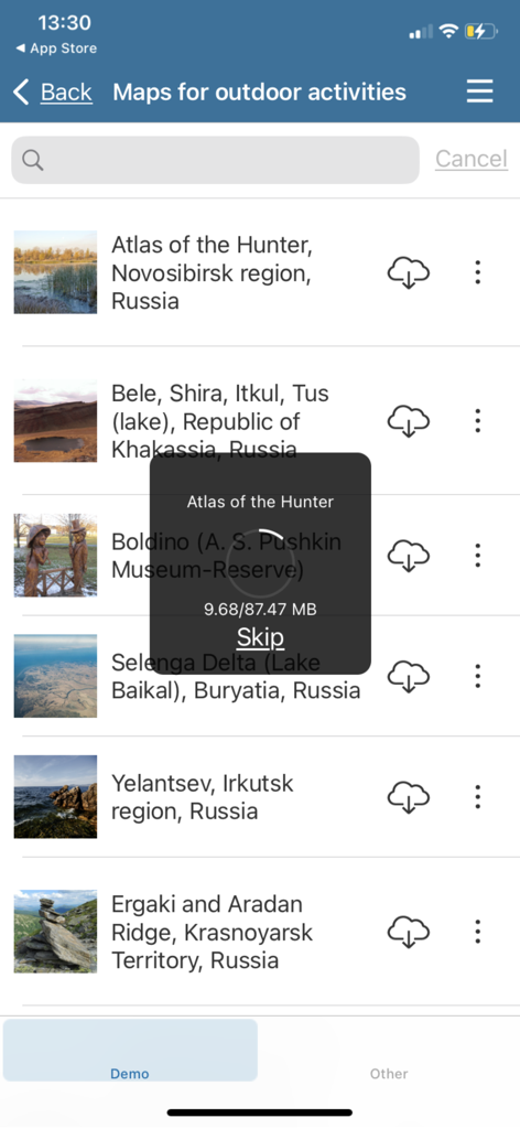 CoGIS Mobile - CoGIS Mobile app interface showing a menu for downloading offline maps for field work.