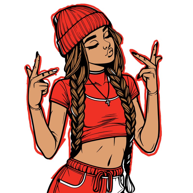 realistic teenage girl with braids and a beanie and crop top doing 🫶🏼