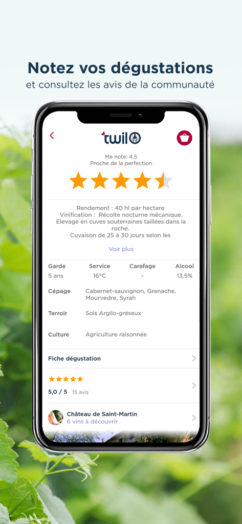 Interface do aplicativo TWIL mostrando avaliações de vinhos e informações técnicas detalhadas de uma garrafa