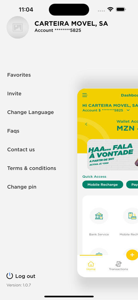 mkesh - Side menu of the mkesh mobile money app