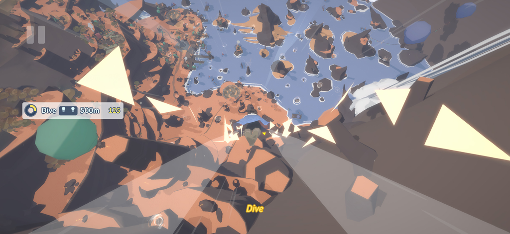 Laya's Horizon - A character in a blue cape performing a dive over a scenic coastal landscape with rock formations and small islands in Laya's Horizon.