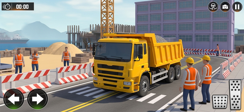 Heavy Excavator Machine Game - Um caminhão basculante amarelo estacionado em um canteiro de obras na cidade com trabalhadores em um jogo de simulação
