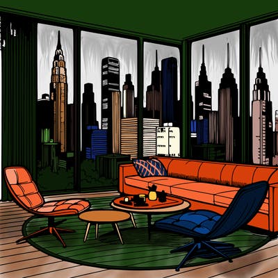 a city skyline view out of an mid century modern apartment