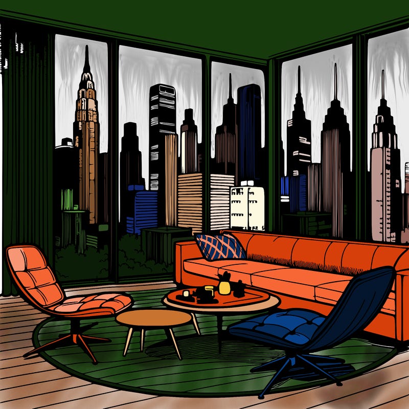 a city skyline view out of an mid century modern apartment