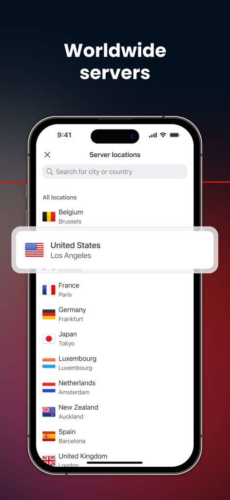 MEGA VPN – Privacy Online - A smartphone display showing the MEGA VPN server locations list with worldwide options and the United States Los Angeles server highlighted