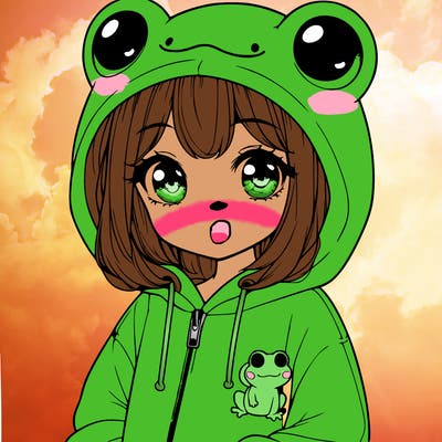 cute realistic girl in a froggy hoodie