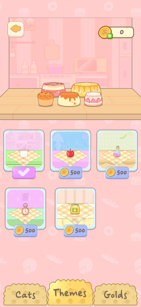 Infinity Cats - Menú del juego en Infinity Cats que muestra varios artículos de temas adorables disponibles para comprar con monedas de oro.