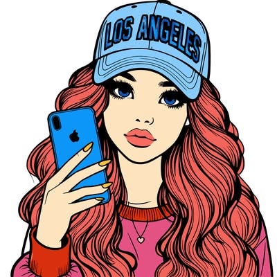 realistic beautiful girl wearing los ángeles cap holding an iphone