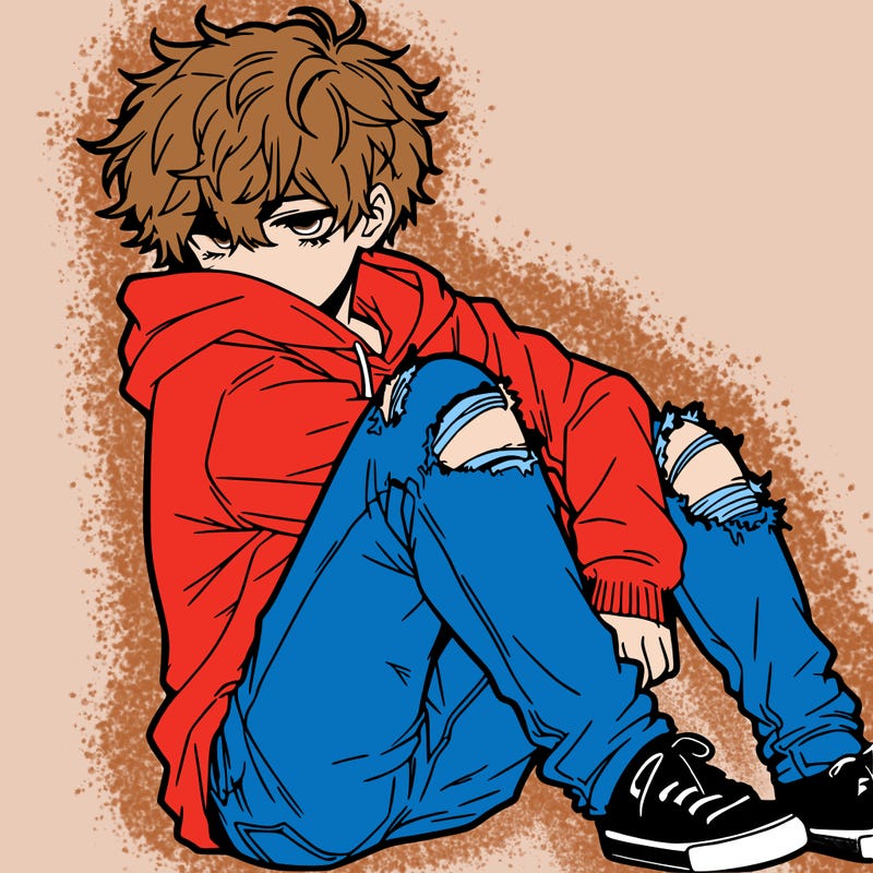 a male hoddie ripped jeans messy hair anime