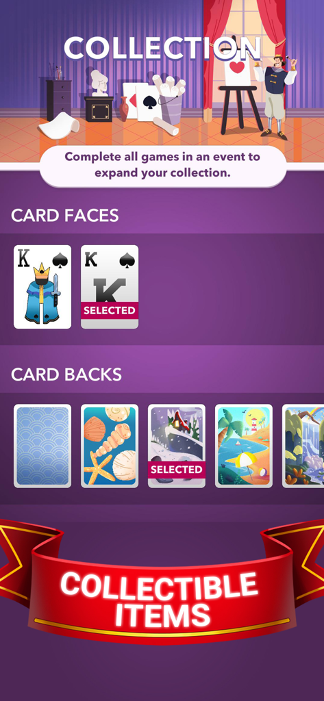 Solitaire Guru: Card Game - Menú de personalización en Solitario Maestro que muestra diferentes caras de cartas y reversos para coleccionar