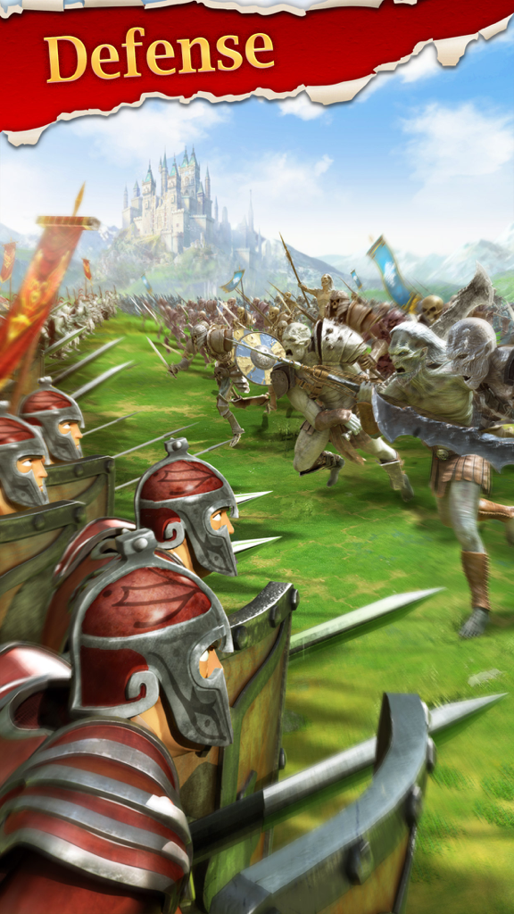 Medieval soldiers in red armor defending a castle against a charging army of monsters in a strategy game.