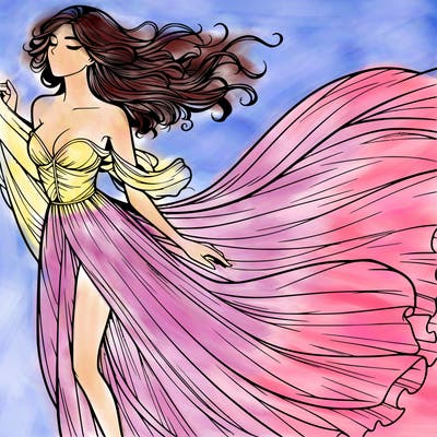 realistic woman in dress flowing the the wind