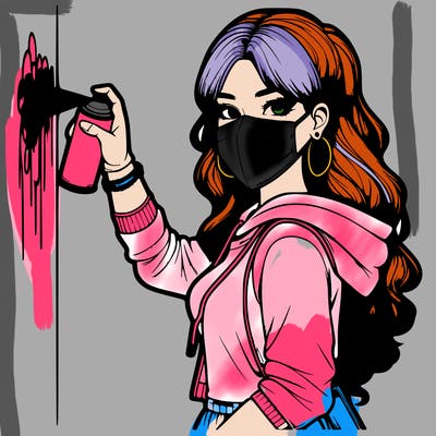 realistic girl with mask spray painting a wall