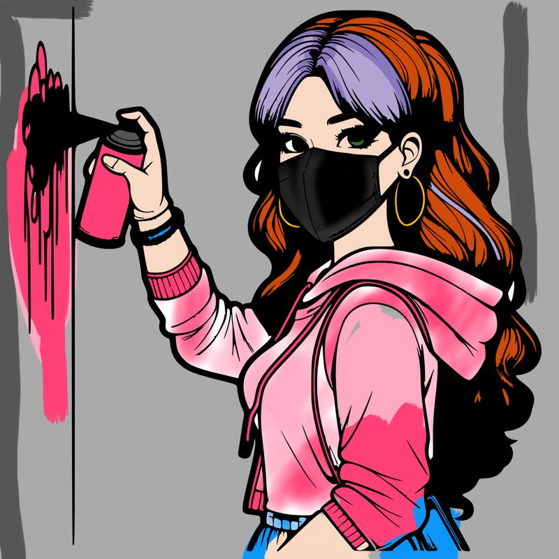realistic girl with mask spray painting a wall