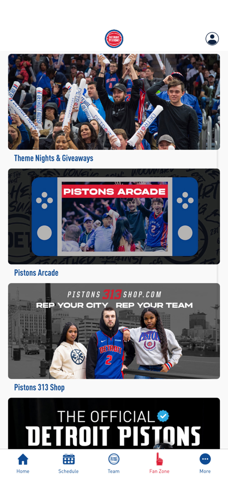 Official Detroit Pistons - Screen showing the Fan Zone section of the Detroit Pistons app featuring theme nights, arcade games and merchandise shop