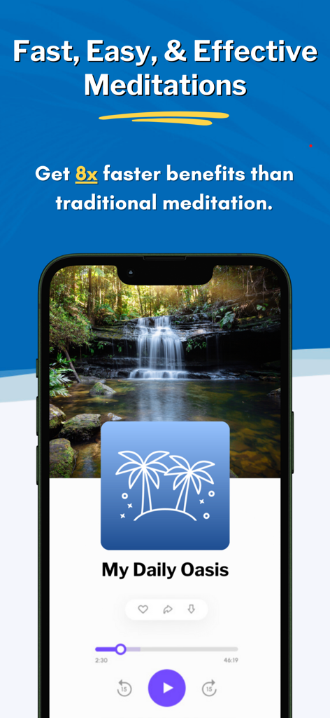 MyHolosync app interface showing a meditation track titled My Daily Oasis with a waterfall background and a claim of 8x faster benefits.
