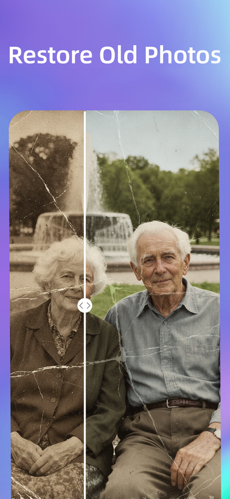 Anime AI - Comparação mostrando a restauração de uma foto antiga danificada usando o Anime AI