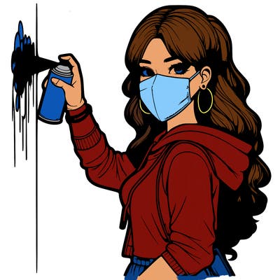 realistic girl with mask spray painting a wall