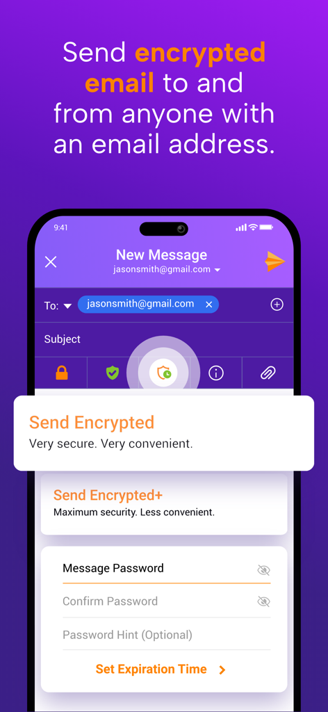 SecureMyEmail - SecureMyEmail mobile app interface for sending encrypted emails with password and expiration options