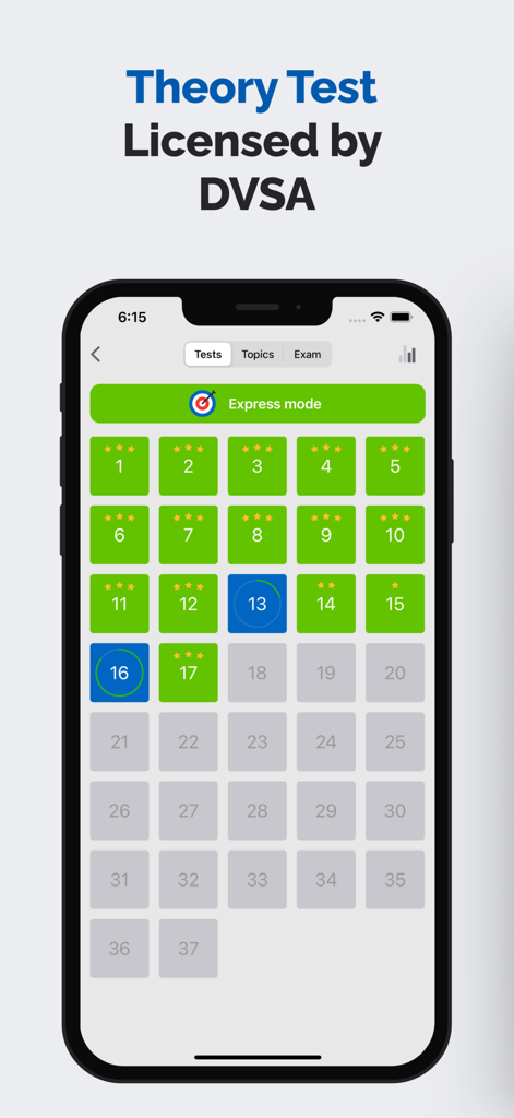 ADI Theory Test Kit 2026 RAY - A mobile app screen showing a grid of numbered theory practice tests for driving instructors with progress status icons.
