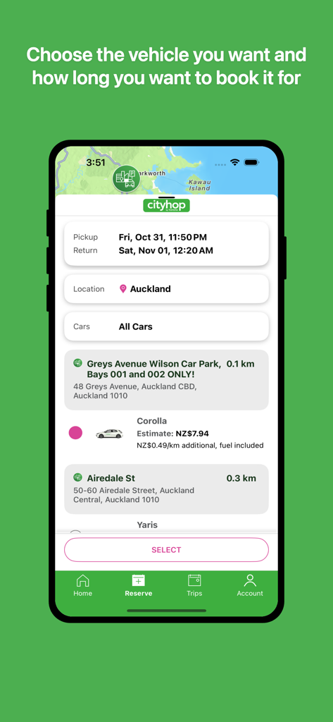 ピックアップと返却の詳細を含む共有車両の予約のためのCityhopアプリのモバイルインターフェース