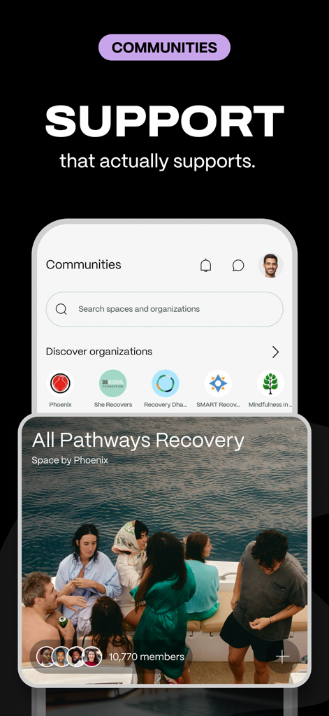 NewForm app interface showing various sober support organizations and a featured recovery group with over 10000 members