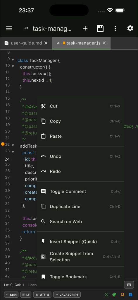 QuickEditor interface showing JavaScript code editing with a context menu and multiple tabs.
