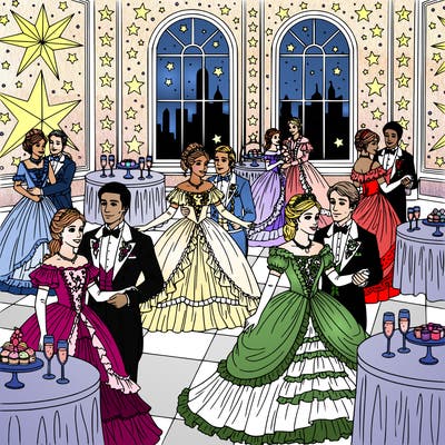 group of multiple couples dressed in fancy clothes, they are at a gala.  there are stars on the walls, tables, and windows