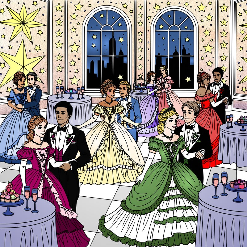 group of multiple couples dressed in fancy clothes, they are at a gala.  there are stars on the walls, tables, and windows