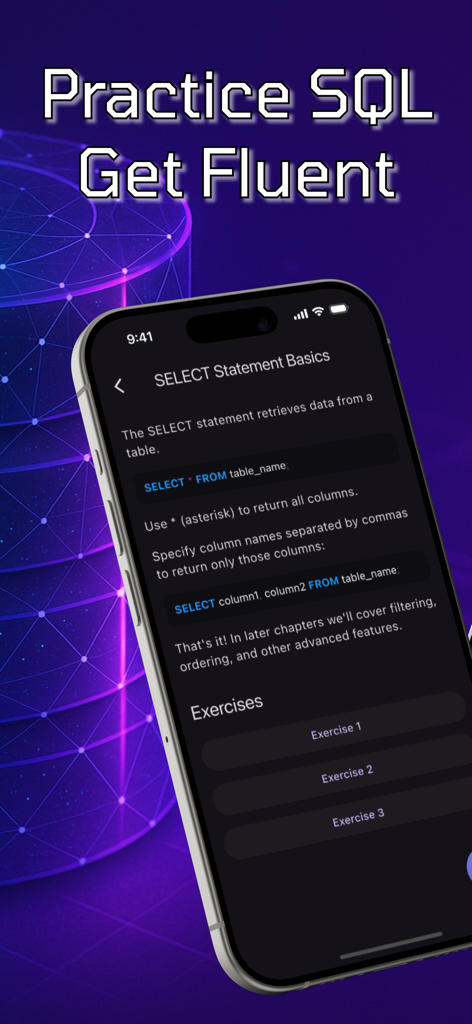 SQL Practice: Learn Database - SQL Practiceアプリの画面。SELECT文の基本とインタラクティブな演習のレッスンが表示されています。
