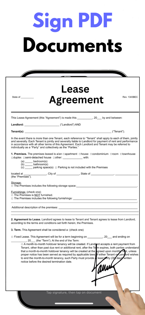 Signature Scanner: Quick Sign - Digital signature being applied to a PDF lease agreement on a smartphone