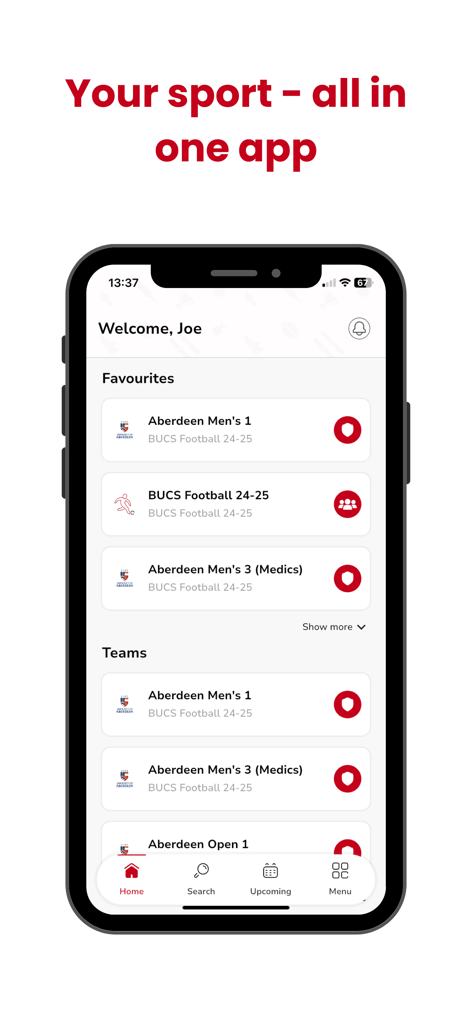 BUCS Play home screen showing university sports teams and football favorites