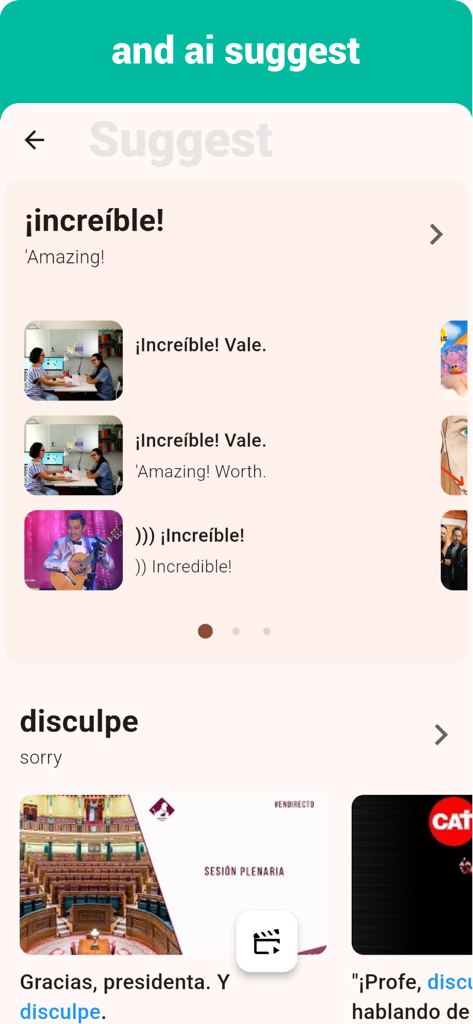 Spanish  - Listening Speaking - Una schermata dall'app Spanish Listening Speaking che mostra frasi conversazionali suggerite dall'IA con esempi video reali.