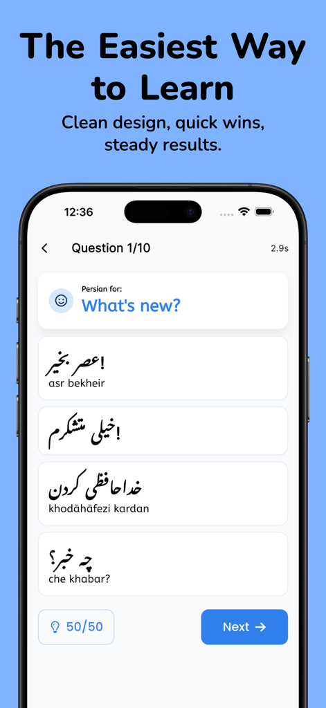 Quiz de idioma persa para iniciantes mostrando a tradução de o que há de novo.