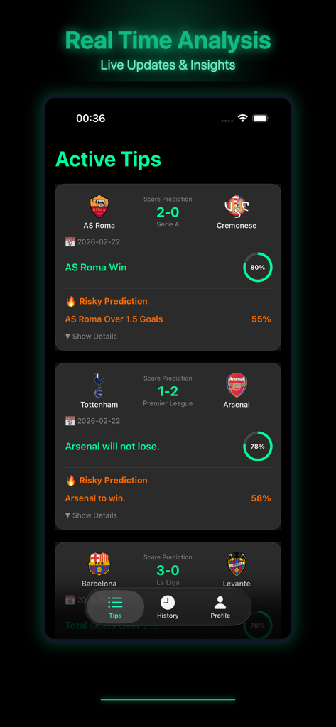 BetBrain - Ai Powered Tips - BetBrain app interface showing active AI powered soccer match predictions and win probabilities