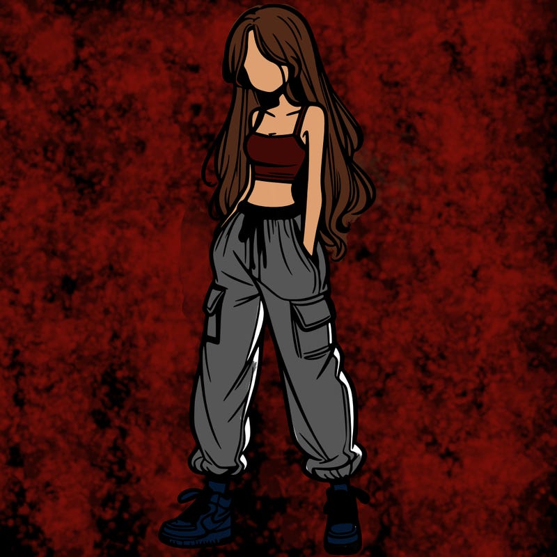 girl in baggy pants crop top and long hair