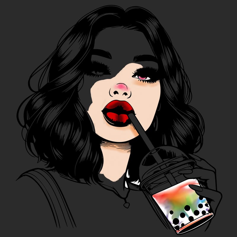 realistic girl with glossy lips holding boba